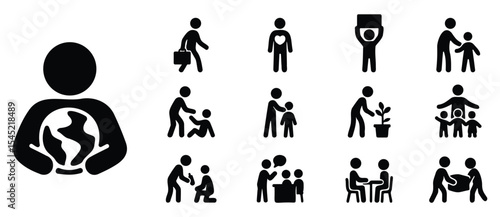 Stickman silhouettes representing charity, donation, and kindness through giving, helping hands, and humanitarian aid concept