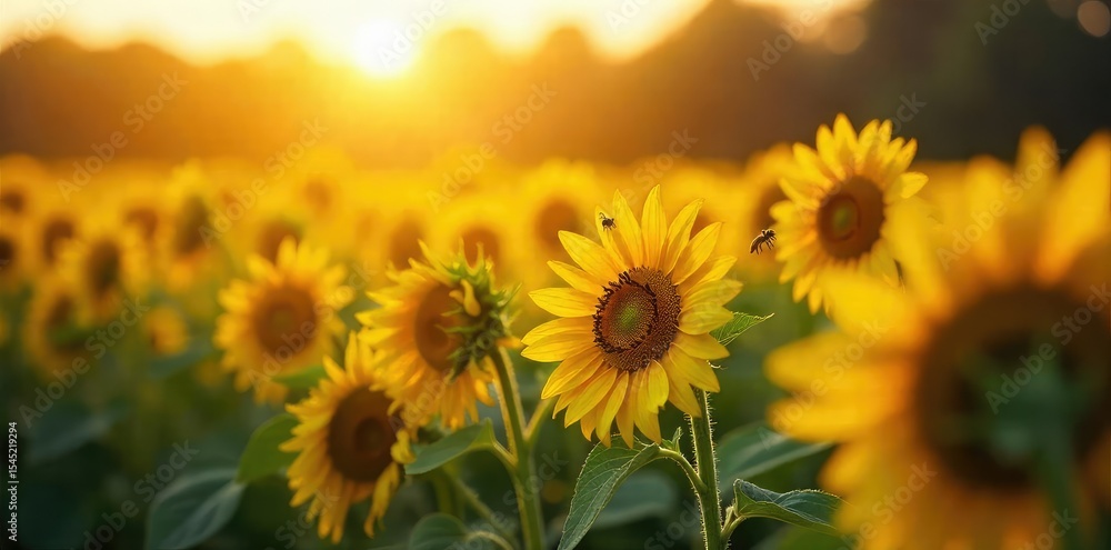 Obraz premium Golden hour sunlight bathes a lush field of ripening sunflowers, buzzing with bees, a quintessential summer harvest scene Ready for picking , hay, scenic, harvest