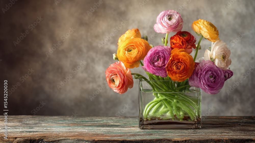 Fototapeta premium Bright and colorful ranunculus flowers arranged in a glass vase on a rustic wooden table.