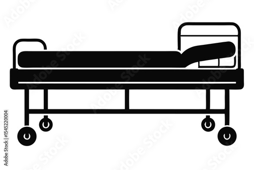 Black Silhouette Illustration of a Hospital Bed with Wheels and Adjustable Headrest