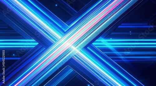 Abstract futuristic cross beam design with glowing blue light effects