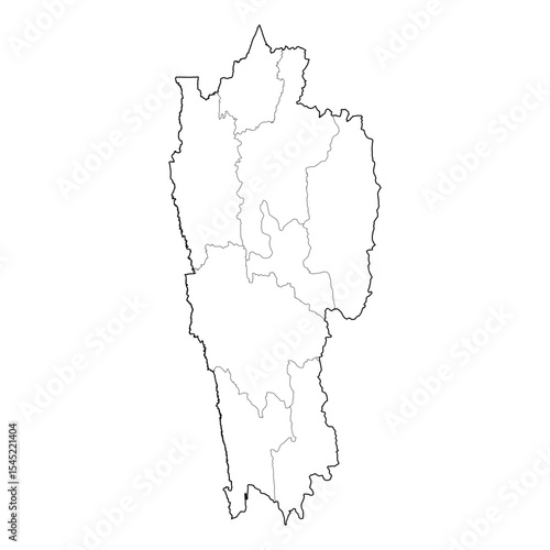 Mizoram India state map with all districts included. Minimalist black and white vector line art outline. SVG, EPS, PDF for graphic design, presentations, cartography, and education.