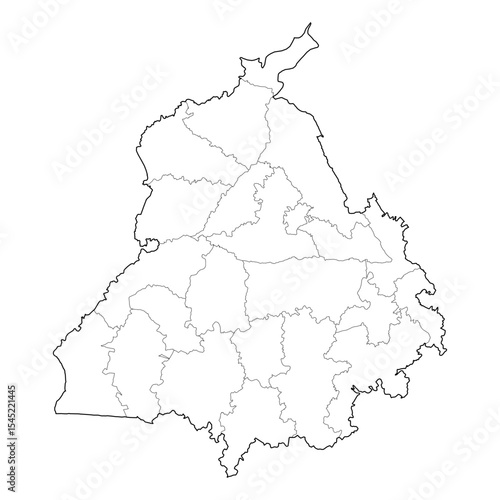 Punjab India state map with administrative districts. High-resolution black and white vector line art outline. SVG, EPS, PDF for graphic design, web, cartography, and education