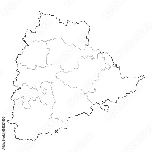 Telangana India state map with district boundaries. Professional black and white vector line art outline. SVG, EPS, PDF for graphic design, business, cartography, and presentations
