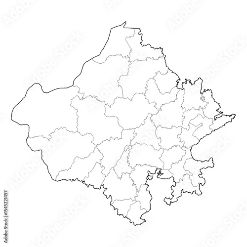 Rajasthan India state map with all districts shown. High-quality black and white vector line art outline. SVG, EPS, PDF for graphic design, tourism, cartography, and educational use