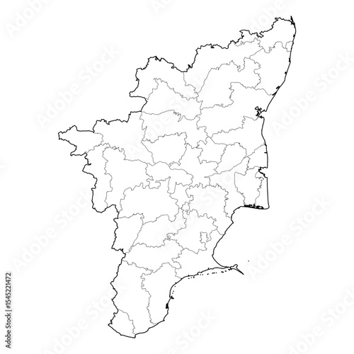 Tamil Nadu India state map with district subdivisions. High-resolution black and white vector line art. SVG, EPS, PDF for graphic design, presentations, cartography, and education