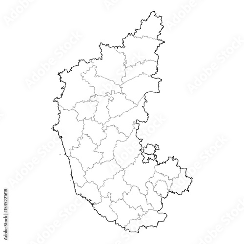 Karnataka India map with districts. High-resolution black and white vector line art outline. SVG, EPS, PDF for graphic design projects, presentations, cartography, and educational material