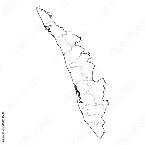 Kerala India state map with all districts shown. High-quality black and white vector line art outline. SVG, EPS, PDF for graphic design, tourism, cartography, and educational content