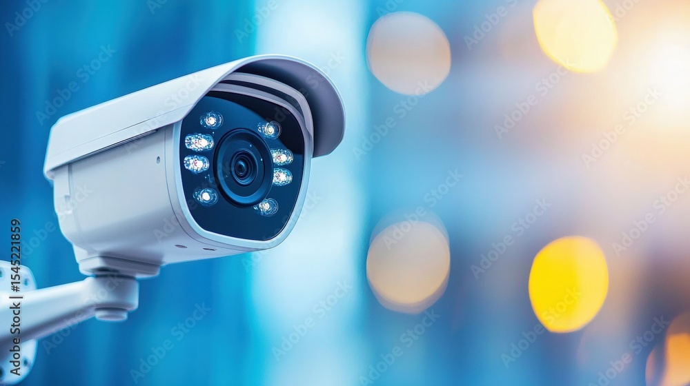 Modern security camera closeup blue bokeh background Modern security camera closeup blue bokeh background