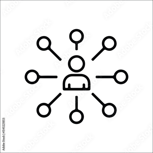 User avatar connected to multiple nodes – flat network outline icon for social media, communication, teamwork, audience reach, or digital structure illustrations

