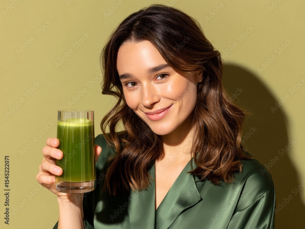 Smiling Woman Holding Healthy Green Smoothie Glass for Wellness Lifestyle Smiling Woman Holding Healthy Green Smoothie Glass for Wellness Lifestyle