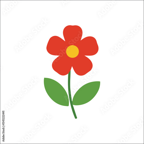 Bright red cartoon flower with five petals and two green leaves – cheerful flat illustration for spring, children’s themes, greeting cards, and seasonal garden vector assets

