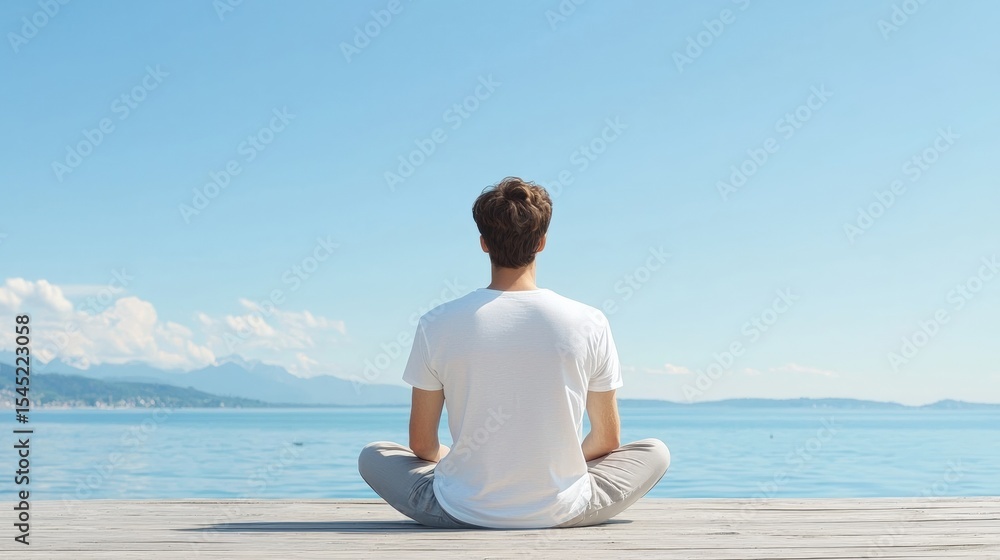 Fototapeta premium Serene lakeside meditation man finding peace by the water