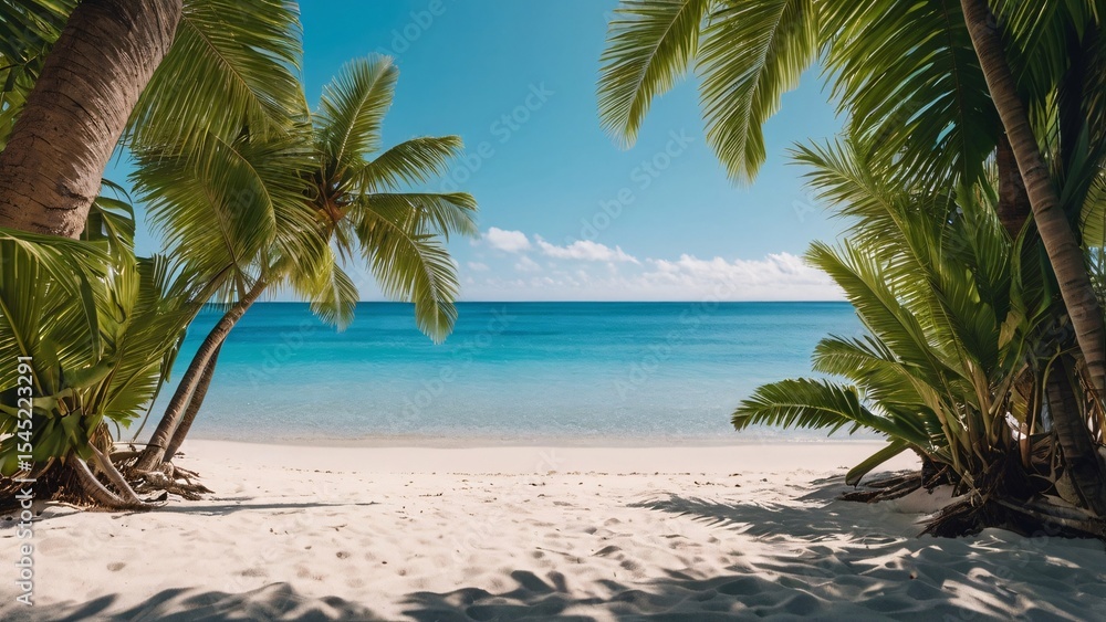 Obraz premium Serene Tropical Beach Paradise White Sand, Turquoise Water, Lush Palm Trees