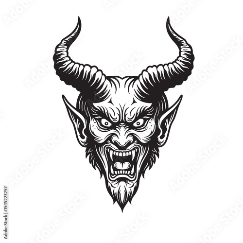 Intricate vintage devil head silhouette illustration depicting evil fiendish expression and bold design