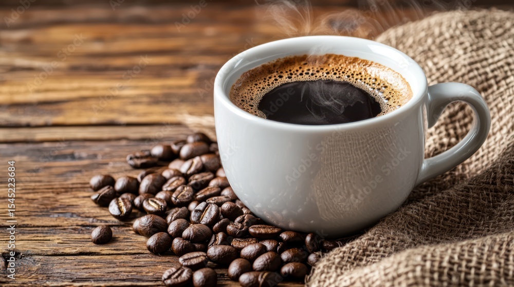 A white coffee cup filled with dark coffee beans on a rustic wooden table with a burlap sack in the background. A white coffee cup filled with dark coffee beans on a rustic wooden table with a burlap sack in the background.