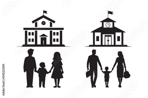 parents walking child to school silhouette family education concept