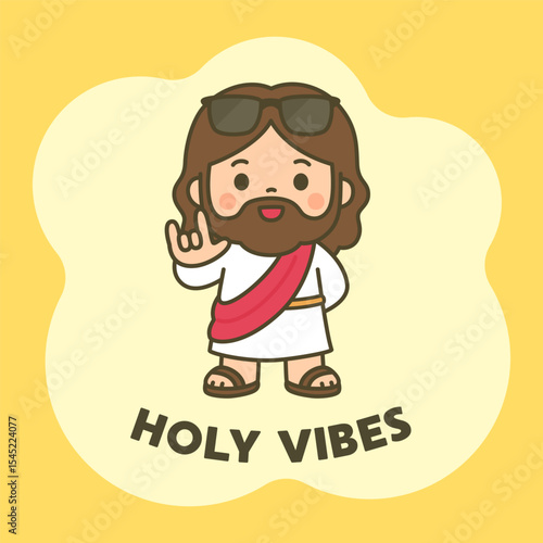 Cartoon Cool Jesus Wearing Sunglasses Giving Peace Sign with Holy Vibes Text