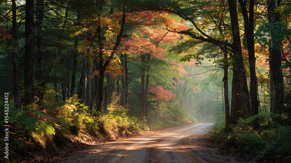 Obraz premium Scenic Forest Road With Morning Mist And Vibrant Seasonal Foliage