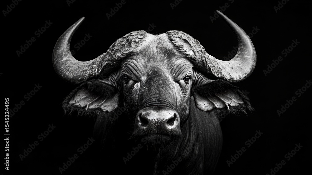 Naklejka premium African buffalo with curved horns staring directly at the camera