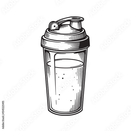Vintage art silhouette of protein shake shaker cup with liquid and detailed crosshatch texture