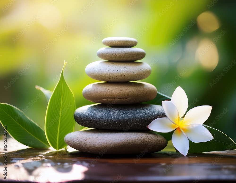 Obraz premium zen stones stacked in natural harmony with a flower and green leaves evoke a spa like balance and peace