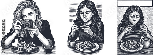 Engraving woodcut illustration of young woman taking photo of avocado toast at brunch, vintage brush stroke style, retro textured postal stamp card concept for print design