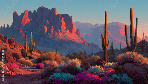 Vibrant desert landscape at sunset with towering cacti and colorful mountains ideal for southwestern travel, art concepts or environmental awareness themes