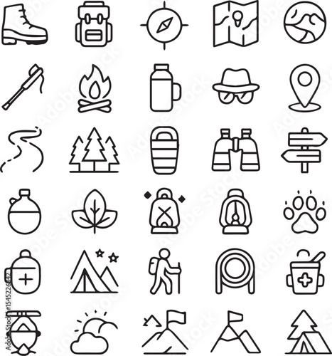 hiking line icons set