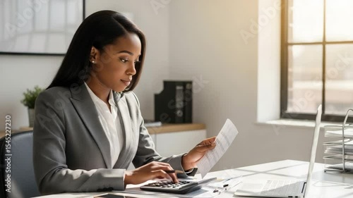 Black accountant analyzes tax data with calculator in modern office setting