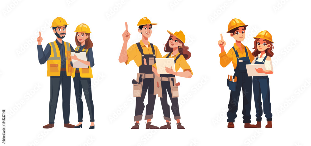 Obraz premium Engineer and construction worker team with safety helmets and tablets for building or industrial work. Cartoon set of male and female professionals in flat vector style.
