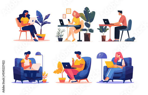 People working from home with laptops in modern home office space. Cartoon vector set of men and women sitting at desks or chairs for freelance, business, or online study.