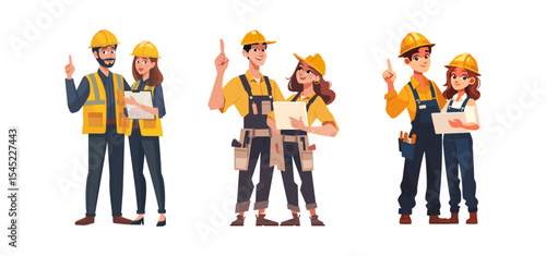 Engineer and construction worker team with safety helmets and tablets for building or industrial work. Cartoon set of male and female professionals in flat vector style.