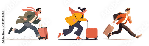 Running people with luggage in airport rush for travel or vacation. Cartoon set of young man and woman in hurry with suitcases. Flat vector illustration of tourist trip
