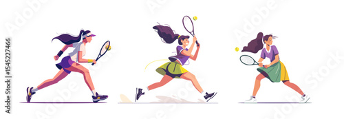 Female tennis players hitting the ball with rackets in action poses. Flat cartoon vector of women competing in game or serve. Isolated sports character illustration.