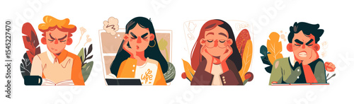 Frustrated people holding heads in stress or anger with emotional expressions. Flat cartoon set of man and woman characters showing anxiety, conflict, or sadness. Vector art.