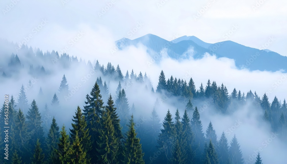A serene mountain landscape features evergreen trees shrouded in morning mist and soft, blue hues. A serene mountain landscape features evergreen trees shrouded in morning mist and soft, blue hues.