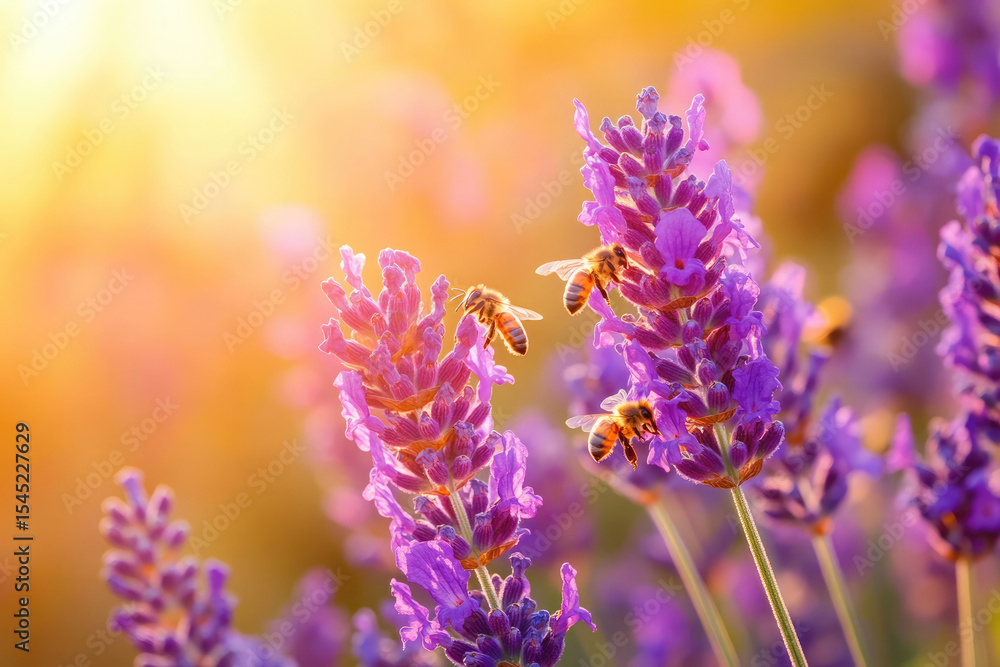 Obraz premium Honeybees in flight over lavender field at sunset
