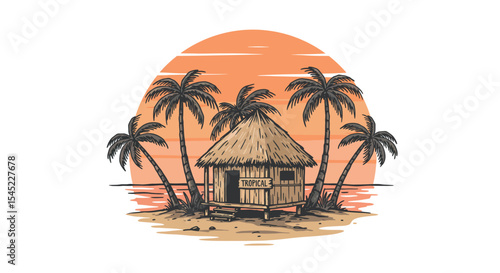 Tropical beach hut at sunset with palm trees for summer vacation design