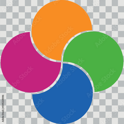 Colorful overlapping circles of infographic pie chart divided into 4 parts. Diagram, chart with 4 steps, options, parts, processes with colorful petals. Vector Illustration.