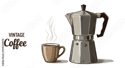 Vintage coffee design with cup and pot for cafe and kitchen decor