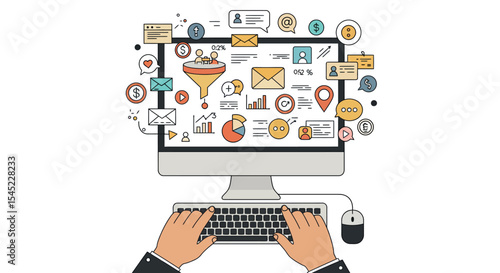 Digital marketing strategy and analytics with diverse online tools and icons