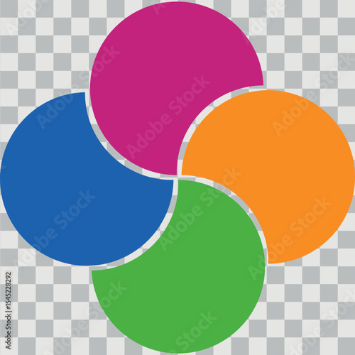 Colorful overlapping circles of infographic pie chart divided into 4 parts. Diagram, chart with 4 steps, options, sections. Vector Illustration.