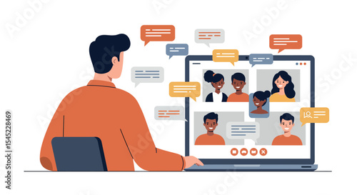 Virtual meeting with diverse team members and chat communication on laptop screen