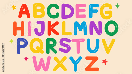 Bright and cheerful uppercase alphabet poster in playful cartoon style. Perfect for kids' rooms, educational materials, school posters, nursery designs, and creative learning visuals for childhood.