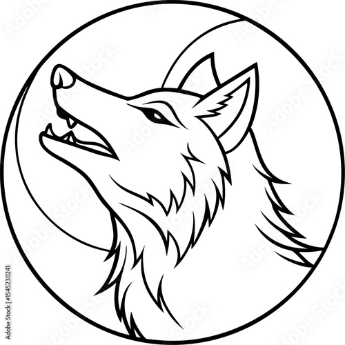 A striking illustration of a howling wolf head inside a circular frame showcasing its majestic presence and primal instincts in a monochrome design.
