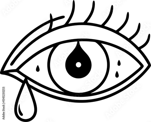 A stylized black and white vector illustration showing an eye shedding tears representing sadness and sorrow