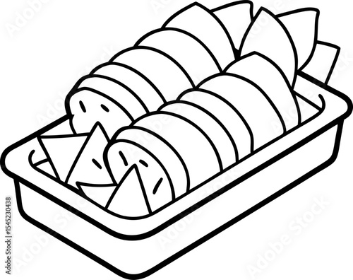 Black and white outline illustration of sliced bread and triangles displayed in a tray ready for consumption.