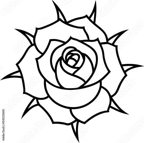 Elegant black and white vector illustration of a rose with thorns perfect for design projects related to romance and beauty