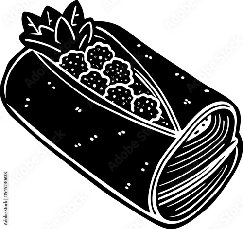 Illustrated black and white burrito featuring falafel and fresh green leaves a delicious vegetarian meal option